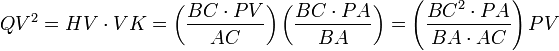QV^2=HV\cdot VK=\left(\frac{BC\cdot PV}{AC}\right)\left(\frac{BC\cdot PA}{BA}\right) = \left(\frac{BC^2\cdot PA}{BA\cdot AC}\right)PV
