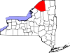 Mapa de Nueva York con la ubicación del condado de St. Lawrence