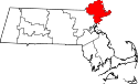 Mapa de Massachusetts con el Condado de Essex resaltado