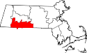 Mapa de Massachusetts con el Condado de Hampden resaltado