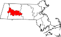 Mapa de Massachusetts con el Condado de Hampshire resaltado