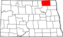 Mapa de Dakota del Norte con el Condado de Dickey resaltado