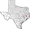 Mapa de Texas con el Condado de San Jacinto resaltado