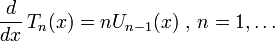 \frac{d}{dx} \, T_n(x) = n U_{n-1}(x) \mbox{ , } n=1,\ldots