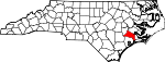 Mapa de Carolina del Norte con la ubicación del condado de Jones