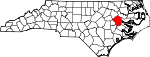 Mapa de Carolina del Norte con la ubicación del condado de Pitt