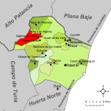 Localización de Algimia de Alfara respecto a la comarca del Campo de Murviedro.