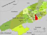 Localización de Beniatjar con respecto a la comarca del Valle de Albaida