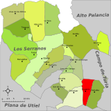 Localización de Bugarra respecto a la comarca de Los Serranos
