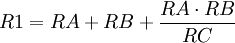 R1 = {RA + RB + {RA \cdot RB \over {RC}}} \,