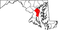 Mapa de Maryland con el Condado de Anne Arundel resaltado