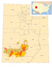 Hábitat del perrito de la pradera de Utah en 1920 (café), 1970 (amarillo) y 1991 (rojo).