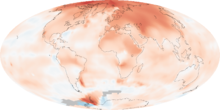 El mapa muestra la anomalía promedio de la temperatura media en 10 años (2000-2009) respecto a la media 1951-1980. Los mayores aumentos de temperatura se presentan en el Ártico y la Península Antártica. Fuente: Observatorio de La Tierra de la NASA[1] 