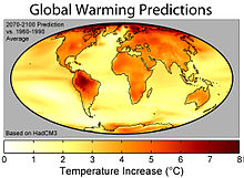 La distribución geográfica de calentamiento de la superficie durante el siglo XXI. En esta figura, el calentamiento global corresponde a un promedio de 3,0 ° C (5.4 ° F).