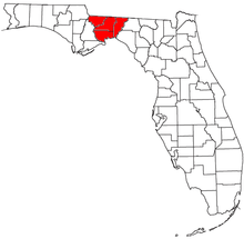 Mapa de Florida con el área metropolitana de Tallahassee resaltada en rojo.