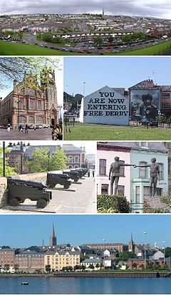Desde arriba y de izquierda a derecha: Vista aérea de Derry, Guildhall, Murales en el Bogside, Murallas de Derry, Hands Across the Divide sculpture, Waterfront.