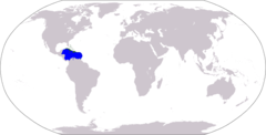 Mapa mundial mostrando el Caribe:Azul = Mar CaribeVerde = Antillas