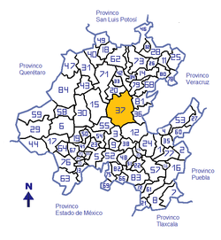 En amarillo Metztitlán, municipio con mayor extensión.