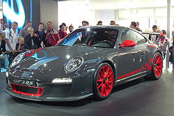 Porsche 911 GT3 RS serie 997, presentado en el Salón del Automóvil de Frankfurt en septiembre de 2009.