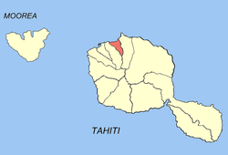 Ubicación de la comuna (en rojo) de Arue en la isla de Tahití, parte de las Islas del Viento.