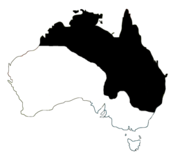 Distribución de Litoria caerulea (en negro) en Australia