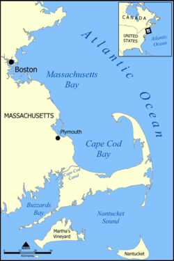 Mapa de la región del Nantucket Sound, entre la península de Cabo Cod y las islas de Martha's Vineyard y Nantucket