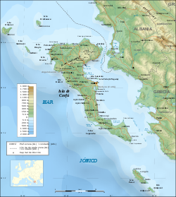 Mapa topográfico de la isla de Corfú y alrededores