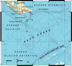 El paso Drake mostrando la frontera marítima (puntos A, B, C, D, E y F) acordada entre Chile y Argentina en el Tratado de Paz y Amistad de 1984