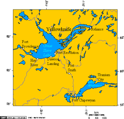 Localización en la región (el lago Athabasca aparece en la imagen abajo a la derecha)