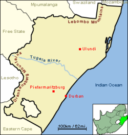 Localización del  Tugela, que corre de oeste a este en la provincia de KwaZulu-Natal.