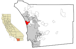Ubicación de Encinitas en el Condado de San Diego y en el estado de California.