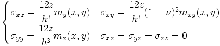 \begin{cases} 
\sigma_{xx} = \cfrac{12z}{h^3}m_y(x,y) & \sigma_{xy} = \cfrac{12z}{h^3}(1-\nu)^2m_{xy}(x,y)\\
\sigma_{yy} = \cfrac{12z}{h^3}m_x(x,y) & \sigma_{xz} = \sigma_{yz} = \sigma_{zz} = 0 \end{cases}