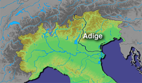 Localización aproximada del valle del Rienza en el río Adigio (el Rienza no está representado)
