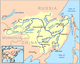Localización del lugar donde desagua en el río Ussuri en la cuenca del Amur
