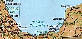 Localización del golfo de Campeche(En este mapa, como en algunos otros, suele confundirse el golfo de Campeche con la más pequeña bahía de Campeche)