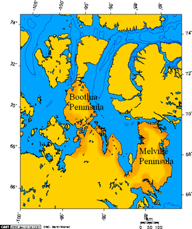 Localización del estrecho del Príncipe Regente, entre la isla Somerset (O) y la península Brodeur (isla de Baffin) (E)