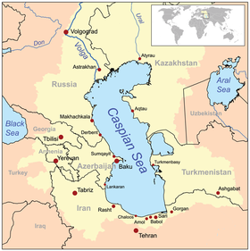 Localización del Kuma en la cuenca del mar Caspio (al sur de bakú, en la orilla izquierda; el río no esta representado)
