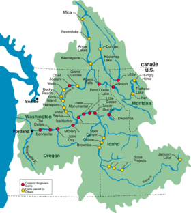 Mapa de las presas en la cuenca del Columbia