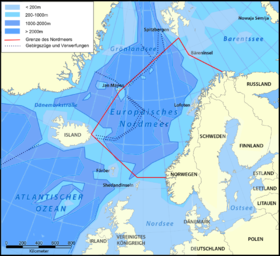 Mapa batimétrico del mar de Noruega, con los límites.