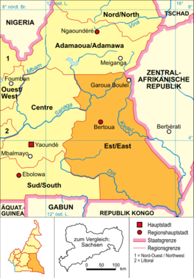 Localización del río Dja (mapa de Camerún; en naranja, la provincia del Este)