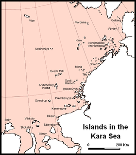 Principales islas y grupos de islas en la parte central y oriental del mar de Kara.