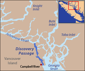 Localización del estrecho, que conecta el estrecho de Georgia, al sureste, con el estrecho de Johnstone, al noroeste