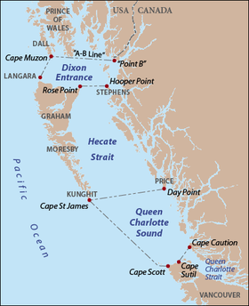 Mapa de la región del estrecho de Hécate, como es definido por el BCGNIS, junto con el Queen Charlotte Sound y la entrada Dixon. Los puntos rojos indican cabos y puntas, el texto gris indica los nombres de islas. La frontera internacional entre Canadá y los Estados Unidos sigue el Canal de Portland hasta la  "punta B", y desde allí hasta el cabo de Muzon. El tramo de la «línea A-B»  de la frontera es controvertida.