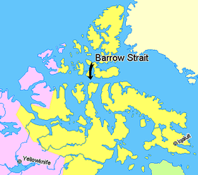 Localización del estrecho de Barrow .     Nunavut     Territorios del Noroeste     Regiones no pertenecientes a Canada (Alaska y Groenlandia)