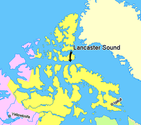 Localización del estrecho de Lancaster (Nunavut)(amarillo: Nunavut; rosa: Territorios del Noroeste)