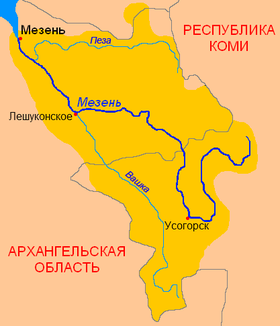 Cuenca y curso del río Mezen (rotulado en ruso)