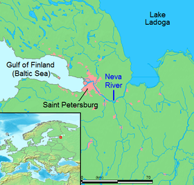 Mapa con el río Neva, desde el lago Ladoga hasta San Petersburgo y el golfo de Finlandia (mar Báltico)