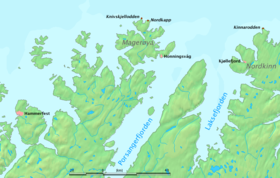 Mapa de la zona, con la isla de Magerøya y cabo Norte.
