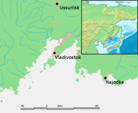 Mapa del golfo mostrando la localización de Vladivostok y Najodka