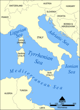 Mapa político de la región del mar Tirreno.